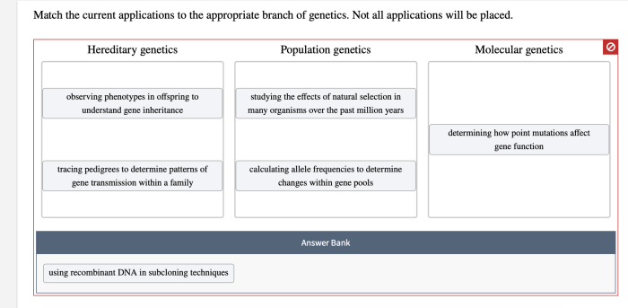 Match the current applications to the appropriate branch of genetics